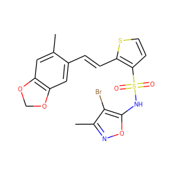 Cc1cc2c(cc1/C=C/c1sccc1S(=O)(=O)Nc1onc(C)c1Br)OCO2 ZINC000013815853