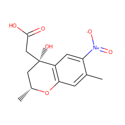 Cc1cc2c(cc1[N+](=O)[O-])[C@](O)(CC(=O)O)C[C@@H](C)O2 ZINC000013456164