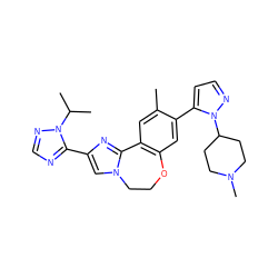 Cc1cc2c(cc1-c1ccnn1C1CCN(C)CC1)OCCn1cc(-c3ncnn3C(C)C)nc1-2 ZINC000204430277