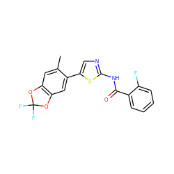 Cc1cc2c(cc1-c1cnc(NC(=O)c3ccccc3F)s1)OC(F)(F)O2 ZINC000142576096