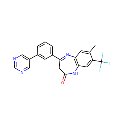 Cc1cc2c(cc1C(F)(F)F)NC(=O)CC(c1cccc(-c3cncnc3)c1)=N2 ZINC000101383366