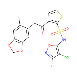 Cc1cc2c(cc1CC(=O)c1ccsc1S(=O)(=O)Nc1onc(C)c1Cl)OCO2 ZINC000026978973