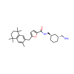 Cc1cc2c(cc1Cc1ccc(C(=O)NC[C@@H]3CCC[C@@H](CN)C3)o1)C(C)(C)CCC2(C)C ZINC000013860617