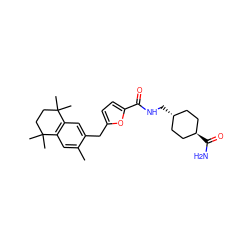 Cc1cc2c(cc1Cc1ccc(C(=O)NC[C@H]3CC[C@H](C(N)=O)CC3)o1)C(C)(C)CCC2(C)C ZINC000253636410