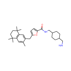 Cc1cc2c(cc1Cc1ccc(C(=O)NCC3CCC(CN)CC3)o1)C(C)(C)CCC2(C)C ZINC000013860616