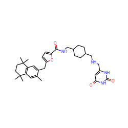 Cc1cc2c(cc1Cc1ccc(C(=O)NCC3CCC(CNCc4cc(=O)[nH]c(=O)[nH]4)CC3)o1)C(C)(C)CCC2(C)C ZINC000027082578