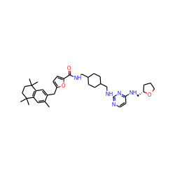 Cc1cc2c(cc1Cc1ccc(C(=O)NCC3CCC(CNc4nccc(NC[C@@H]5CCCO5)n4)CC3)o1)C(C)(C)CCC2(C)C ZINC000027109806