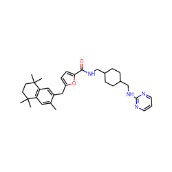 Cc1cc2c(cc1Cc1ccc(C(=O)NCC3CCC(CNc4ncccn4)CC3)o1)C(C)(C)CCC2(C)C ZINC000013819957