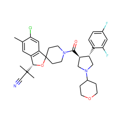 Cc1cc2c(cc1Cl)C1(CCN(C(=O)[C@@H]3CN(C4CCOCC4)C[C@H]3c3ccc(F)cc3F)CC1)O[C@@H]2C(C)(C)C#N ZINC000058582788