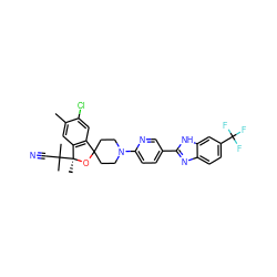 Cc1cc2c(cc1Cl)C1(CCN(c3ccc(-c4nc5ccc(C(F)(F)F)cc5[nH]4)cn3)CC1)O[C@@]2(C)C(C)(C)C#N ZINC001772604868