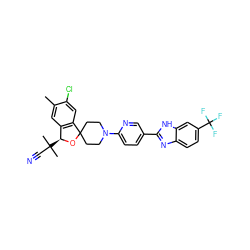 Cc1cc2c(cc1Cl)C1(CCN(c3ccc(-c4nc5ccc(C(F)(F)F)cc5[nH]4)cn3)CC1)O[C@H]2C(C)(C)C#N ZINC001772640617