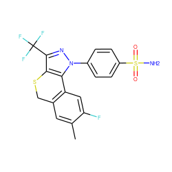 Cc1cc2c(cc1F)-c1c(c(C(F)(F)F)nn1-c1ccc(S(N)(=O)=O)cc1)SC2 ZINC000026673735