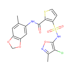 Cc1cc2c(cc1NC(=O)c1sccc1S(=O)(=O)Nc1onc(C)c1Cl)OCO2 ZINC000013815783