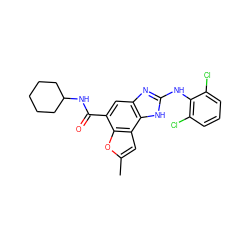 Cc1cc2c(o1)c(C(=O)NC1CCCCC1)cc1nc(Nc3c(Cl)cccc3Cl)[nH]c12 ZINC000139841168