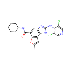 Cc1cc2c(o1)c(C(=O)NC1CCCCC1)cc1nc(Nc3c(Cl)cncc3Cl)[nH]c12 ZINC000140167559