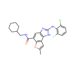 Cc1cc2c(o1)c(C(=O)NCC1CCCCC1)cc1nc(Nc3c(F)cccc3Cl)[nH]c12 ZINC000139931386