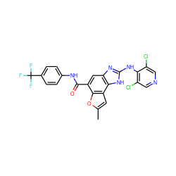 Cc1cc2c(o1)c(C(=O)Nc1ccc(C(F)(F)F)cc1)cc1nc(Nc3c(Cl)cncc3Cl)[nH]c12 ZINC000139775736