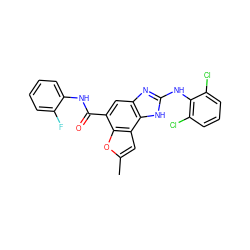 Cc1cc2c(o1)c(C(=O)Nc1ccccc1F)cc1nc(Nc3c(Cl)cccc3Cl)[nH]c12 ZINC000139738597