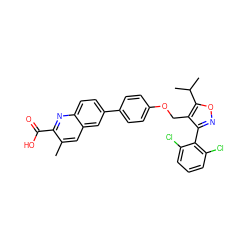 Cc1cc2cc(-c3ccc(OCc4c(-c5c(Cl)cccc5Cl)noc4C(C)C)cc3)ccc2nc1C(=O)O ZINC000066112652