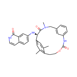 Cc1cc2cc(C)c1CCOC(=O)Nc1cccc(c1)CN(C)C(=O)[C@@H]2Nc1ccc2cc[nH]c(=O)c2c1 ZINC000168300680