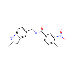 Cc1cc2cc(CNC(=O)c3ccc(C)c([N+](=O)[O-])c3)ccc2[nH]1 ZINC000004138065