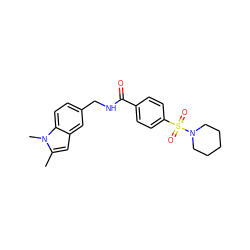 Cc1cc2cc(CNC(=O)c3ccc(S(=O)(=O)N4CCCCC4)cc3)ccc2n1C ZINC000004061576