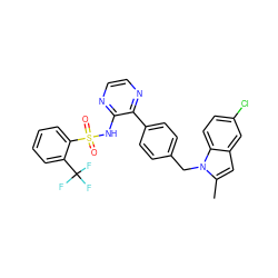 Cc1cc2cc(Cl)ccc2n1Cc1ccc(-c2nccnc2NS(=O)(=O)c2ccccc2C(F)(F)F)cc1 ZINC000118907484