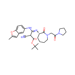 Cc1cc2cc(N/C(=N/[C@H]3CCCCN(CC(=O)N4CCCC4)C3=O)C(C#N)C(=O)OC(C)(C)C)ccc2o1 ZINC000101060736