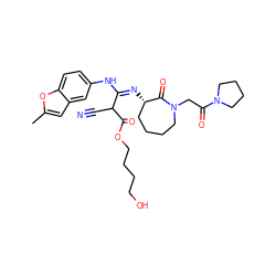 Cc1cc2cc(N/C(=N/[C@H]3CCCCN(CC(=O)N4CCCC4)C3=O)C(C#N)C(=O)OCCCCO)ccc2o1 ZINC000101033882