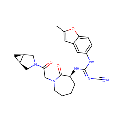 Cc1cc2cc(N/C(=N\C#N)N[C@H]3CCCCN(CC(=O)N4C[C@H]5C[C@H]5C4)C3=O)ccc2o1 ZINC000043121616