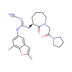 Cc1cc2cc(N/C(=N\C#N)N[C@H]3CCCCN(CC(=O)N4CCCC4)C3=O)cc(C)c2o1 ZINC000043119938