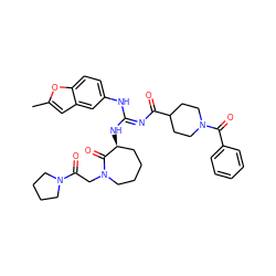 Cc1cc2cc(N/C(=N\C(=O)C3CCN(C(=O)c4ccccc4)CC3)N[C@H]3CCCCN(CC(=O)N4CCCC4)C3=O)ccc2o1 ZINC000101201920