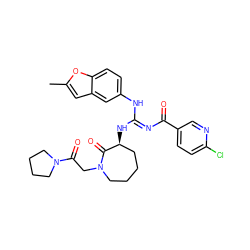 Cc1cc2cc(N/C(=N\C(=O)c3ccc(Cl)nc3)N[C@H]3CCCCN(CC(=O)N4CCCC4)C3=O)ccc2o1 ZINC000049694448