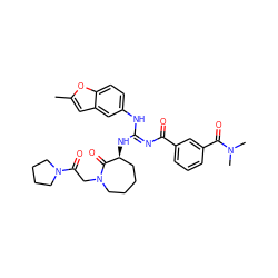 Cc1cc2cc(N/C(=N\C(=O)c3cccc(C(=O)N(C)C)c3)N[C@H]3CCCCN(CC(=O)N4CCCC4)C3=O)ccc2o1 ZINC000049722531