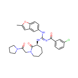 Cc1cc2cc(N/C(=N\C(=O)c3cccc(Cl)c3)N[C@H]3CCCCN(CC(=O)N4CCCC4)C3=O)ccc2o1 ZINC000049678269