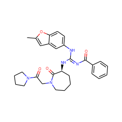 Cc1cc2cc(N/C(=N\C(=O)c3ccccc3)N[C@H]3CCCCN(CC(=O)N4CCCC4)C3=O)ccc2o1 ZINC000040874678