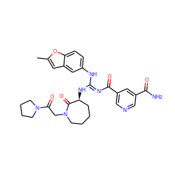 Cc1cc2cc(N/C(=N\C(=O)c3cncc(C(N)=O)c3)N[C@H]3CCCCN(CC(=O)N4CCCC4)C3=O)ccc2o1 ZINC000049722563