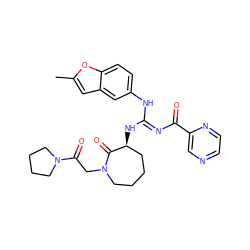 Cc1cc2cc(N/C(=N\C(=O)c3cnccn3)N[C@H]3CCCCN(CC(=O)N4CCCC4)C3=O)ccc2o1 ZINC000045252951