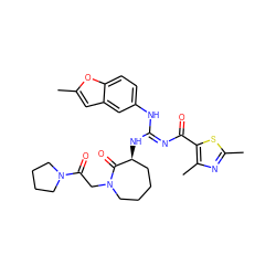 Cc1cc2cc(N/C(=N\C(=O)c3sc(C)nc3C)N[C@H]3CCCCN(CC(=O)N4CCCC4)C3=O)ccc2o1 ZINC000044387732