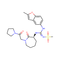 Cc1cc2cc(N/C(=N\S(C)(=O)=O)N[C@H]3CCCCN(CC(=O)N4CCCC4)C3=O)ccc2o1 ZINC000045318654