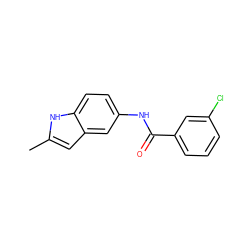 Cc1cc2cc(NC(=O)c3cccc(Cl)c3)ccc2[nH]1 ZINC000040166166