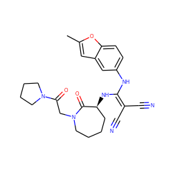 Cc1cc2cc(NC(N[C@H]3CCCCN(CC(=O)N4CCCC4)C3=O)=C(C#N)C#N)ccc2o1 ZINC000034689203