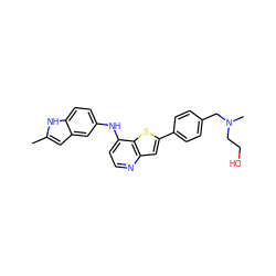 Cc1cc2cc(Nc3ccnc4cc(-c5ccc(CN(C)CCO)cc5)sc34)ccc2[nH]1 ZINC000013588193