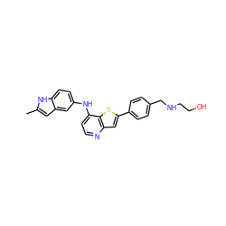 Cc1cc2cc(Nc3ccnc4cc(-c5ccc(CNCCO)cc5)sc34)ccc2[nH]1 ZINC000013588197