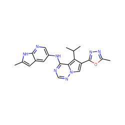 Cc1cc2cc(Nc3ncnn4cc(-c5nnc(C)o5)c(C(C)C)c34)cnc2[nH]1 ZINC000029047551