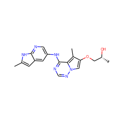 Cc1cc2cc(Nc3ncnn4cc(OC[C@@H](C)O)c(C)c34)cnc2[nH]1 ZINC000029048194