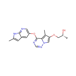 Cc1cc2cc(Oc3ncnn4cc(OC[C@@H](C)O)c(C)c34)cnc2[nH]1 ZINC000029048198