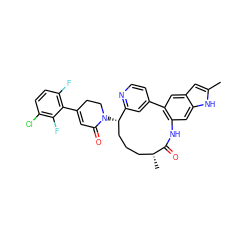 Cc1cc2cc3c(cc2[nH]1)NC(=O)[C@H](C)CCC[C@H](N1CCC(c2c(F)ccc(Cl)c2F)=CC1=O)c1cc-3ccn1 ZINC000220106112