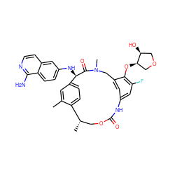 Cc1cc2ccc1[C@@H](C)COC(=O)Nc1cc(F)c(O[C@@H]3COC[C@@H]3O)c(c1)CN(C)C(=O)[C@@H]2Nc1ccc2c(N)nccc2c1 ZINC001772622892