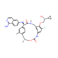 Cc1cc2ccc1[C@@H](C)COC(=O)Nc1cc(F)c(OC[C@H](O)C3CC3)c(c1)CN(C)C(=O)[C@@H]2Nc1ccc2c(N)nccc2c1 ZINC001772653333